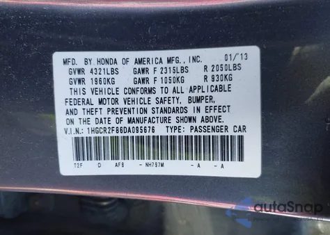 2013 Honda Accord Ex-L из США, поврежденный, VIN 1HGCR2F86DA095676